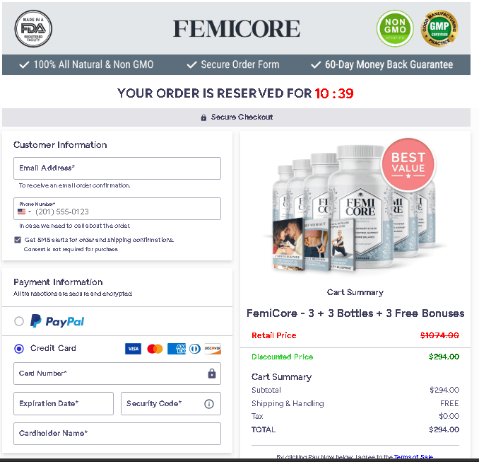 femicore checkout page